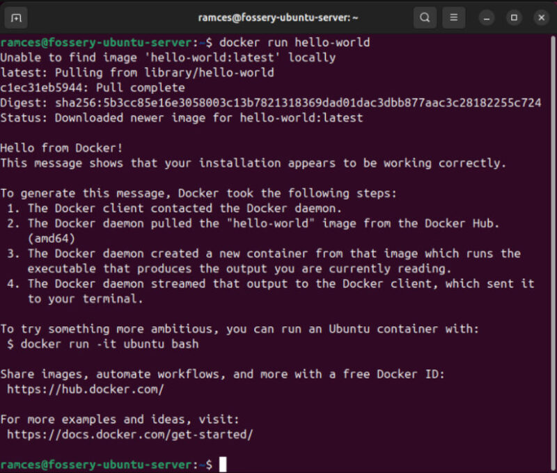 A terminal showing the hello-world Docker container running properly on Ubuntu.