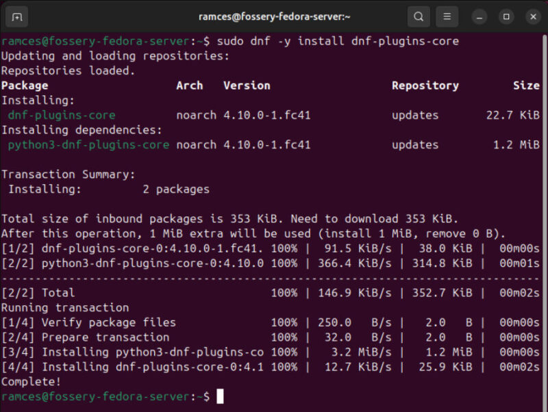 A terminal showing the process of installing the extensions for DNF in Fedora.