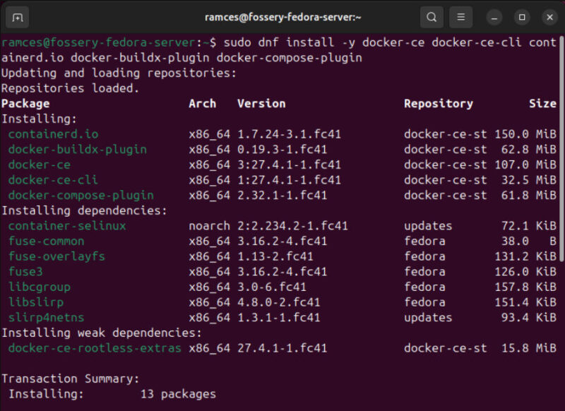 A terminal showing the process of installing Docker on Fedora.