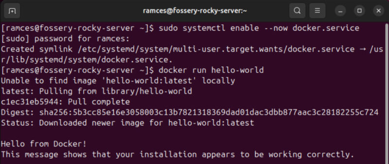 A terminal showing the process of enabling the Docker daemon in Rocky Linux as well as running the first Docker container in the system.