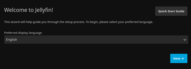 Choosing Display Language in Jellyfin setup wizard.