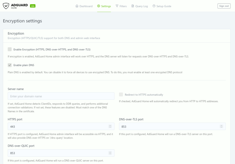 Adguard Home Encryption Settings