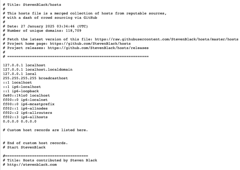 A screenshot of the Steven Black's popular ads and tracking blocklist.