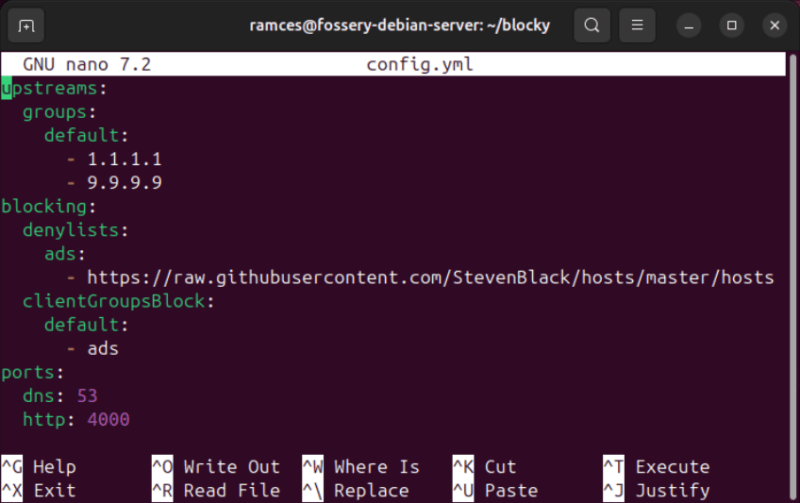 A terminal showing default config file for Blocky.