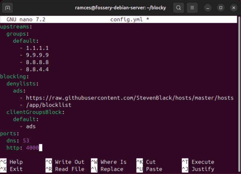 A terminal showing the modified config.yml file for the Blocky instance.