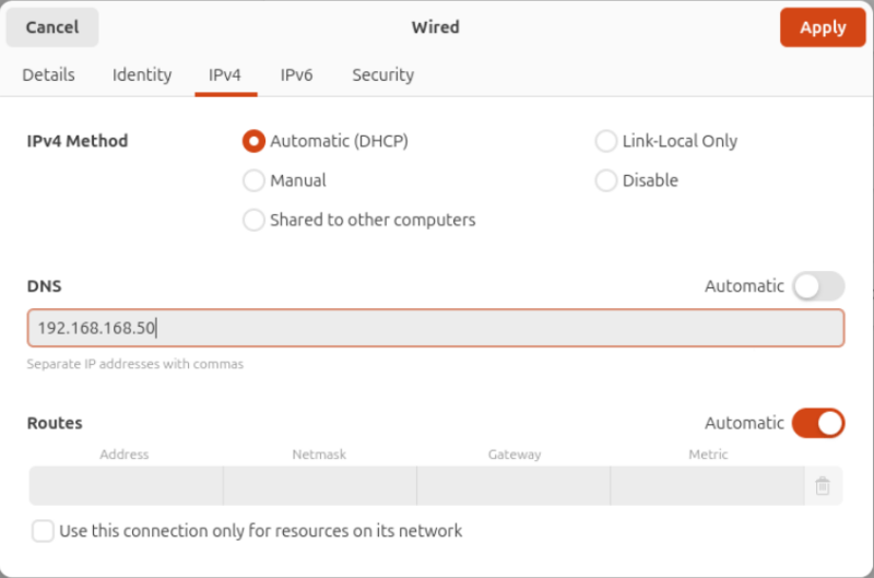 A screenshot showing the modified DNS server address on the Ubuntu client PC.