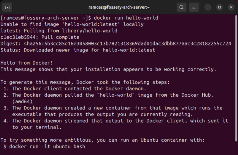 A terminal showing the "hello-world" Docker container running on Arch Linux.