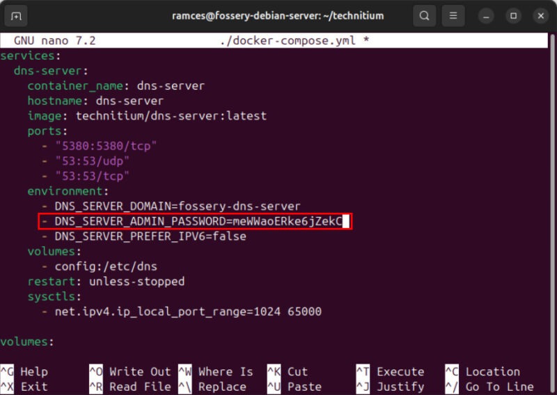 A terminal highlighting the custom server admin password for Technitium.