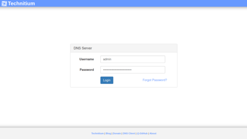 A screenshot of the login page for Technitium.