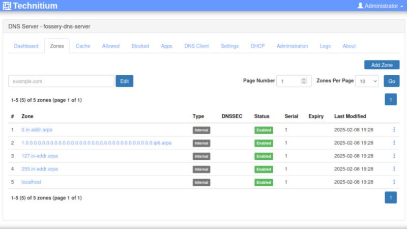 A screenshot showing the zones config page in Technitium.