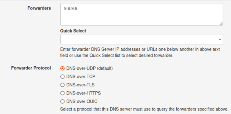 A screenshot showing the Quad9 address on the local Technitium's DNS Forwarder feature.