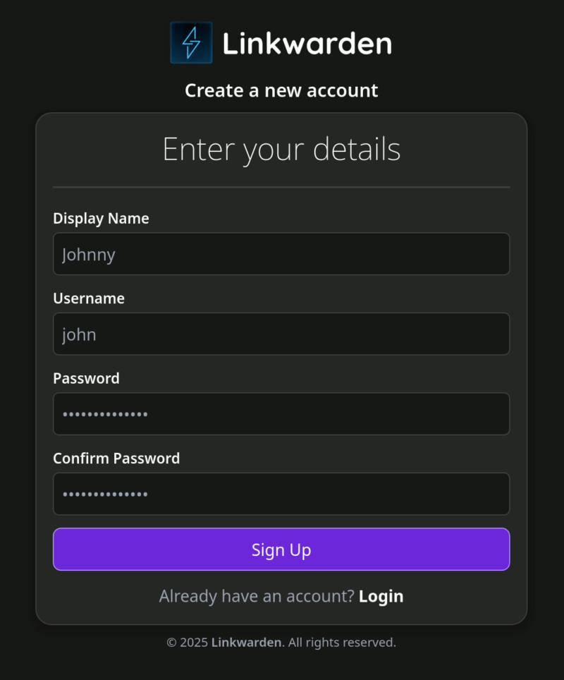 Linkwarden Register New Account