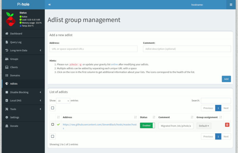 Pi Hole Admin Adlist Management