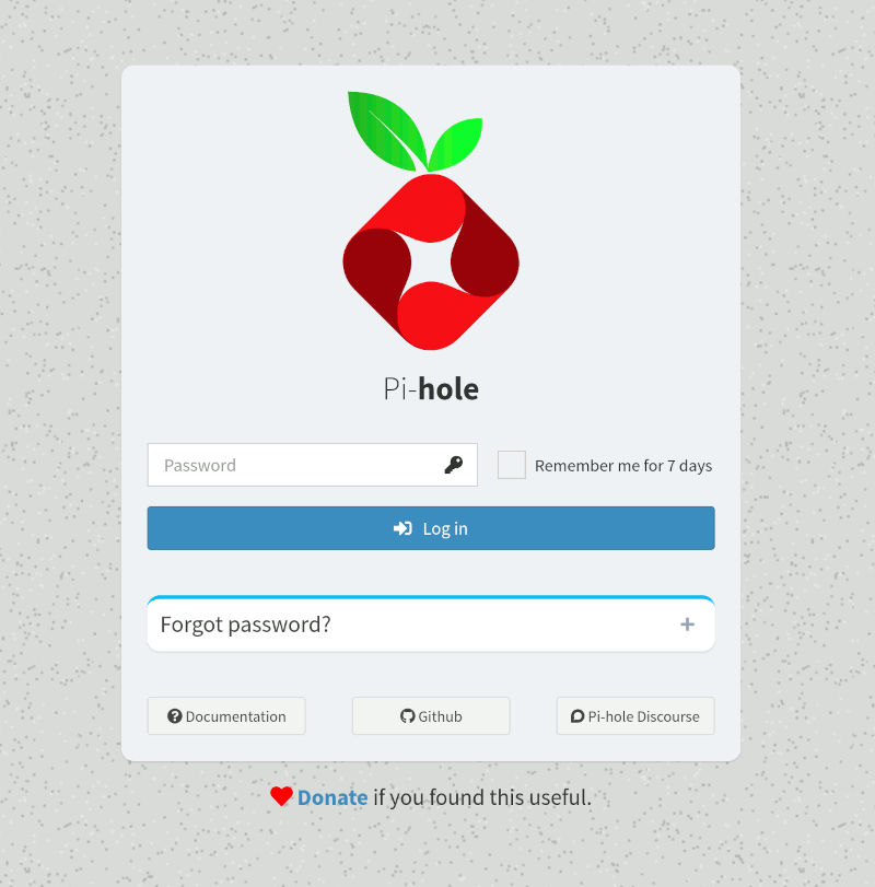 Pi Hole Admin Login Screen