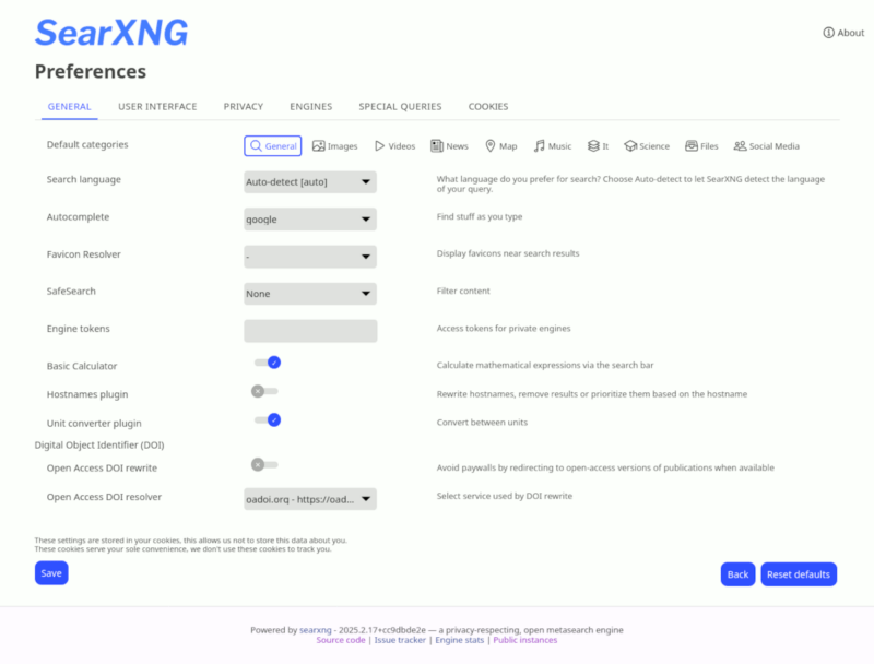 Searxng Preferences General Tab