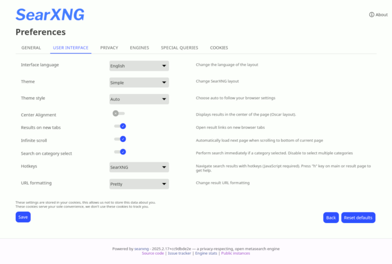 Searxng Preferences User Interface Tab